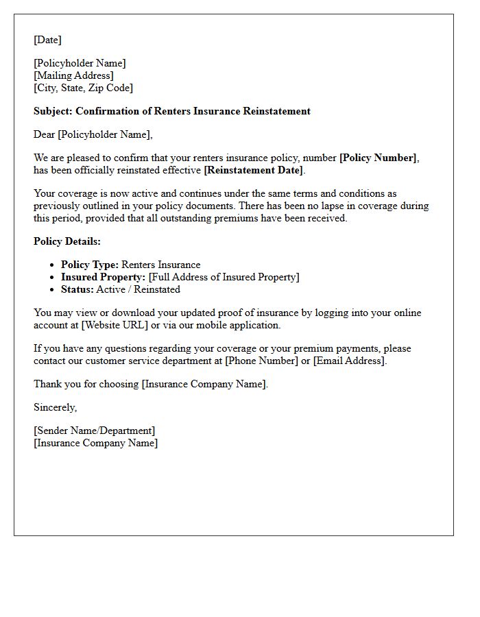 Confirmation Letter for Renters Insurance Reinstatement