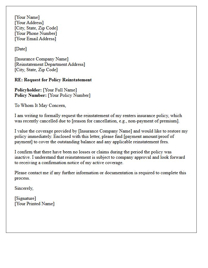 Formal Renters Insurance Policy Reinstatement Letter
