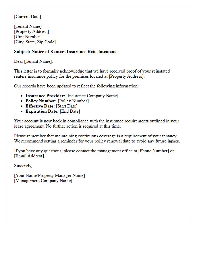 Notice of Renters Insurance Reinstatement Letter
