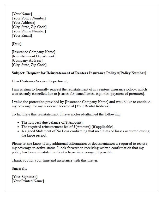 Renters Insurance Coverage Reinstatement Letter