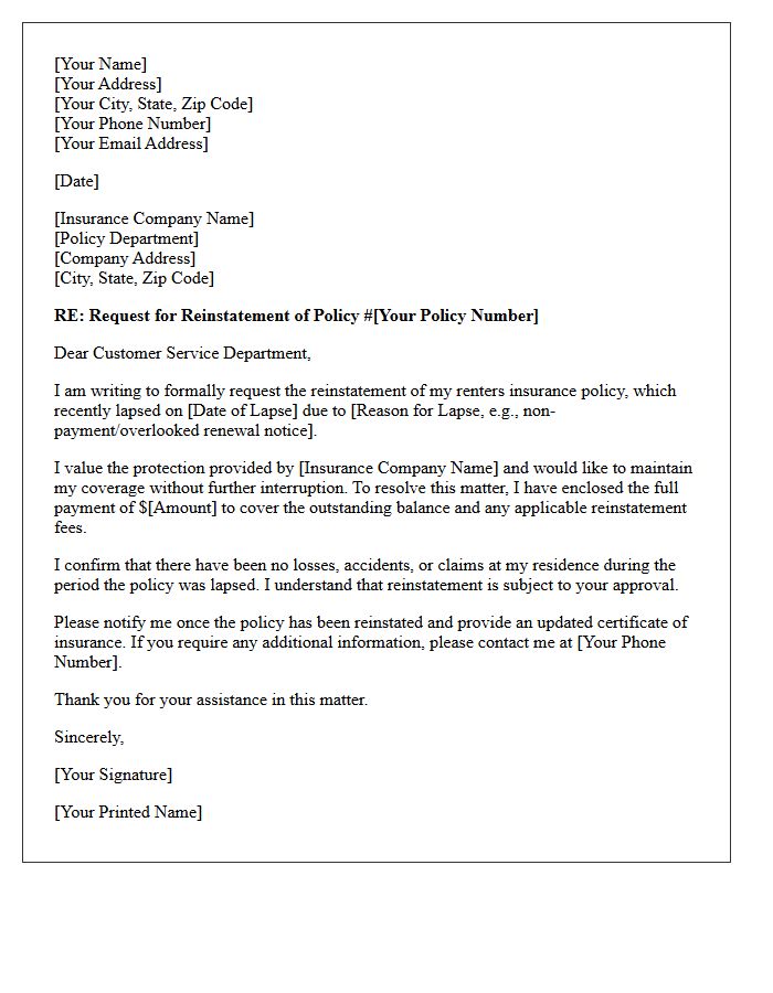 Renters Insurance Lapse and Reinstatement Letter