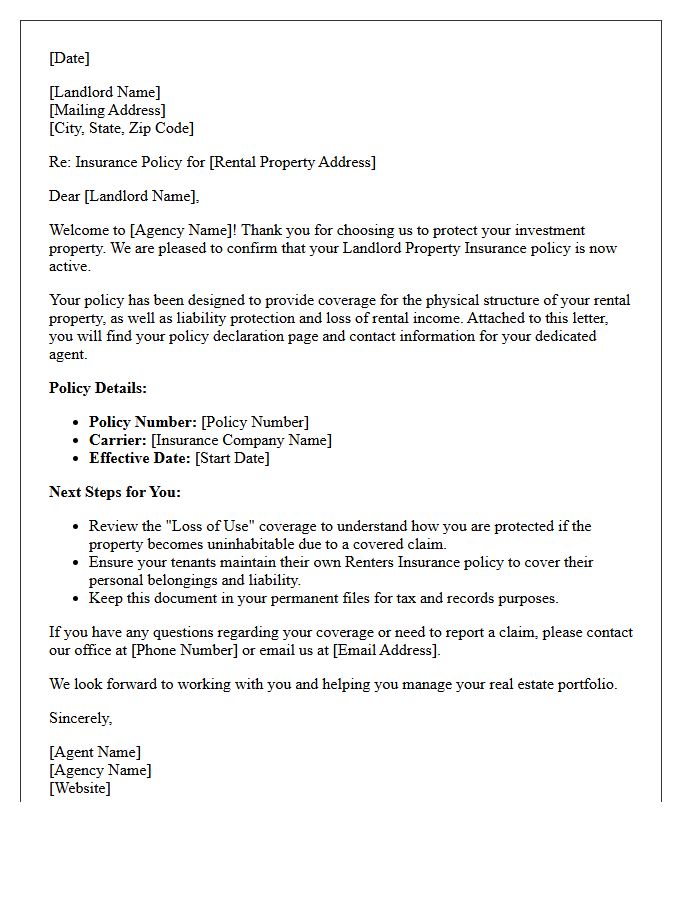 Agency Welcome Letter for Landlord Property Insurance Policyholders