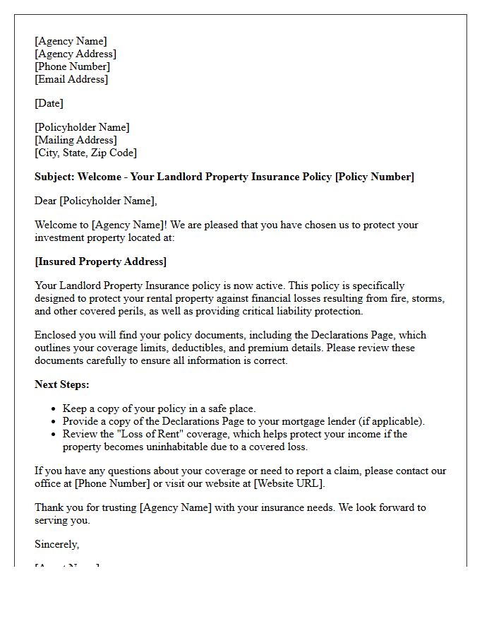 Landlord Property Insurance Welcome Letter From the Agency