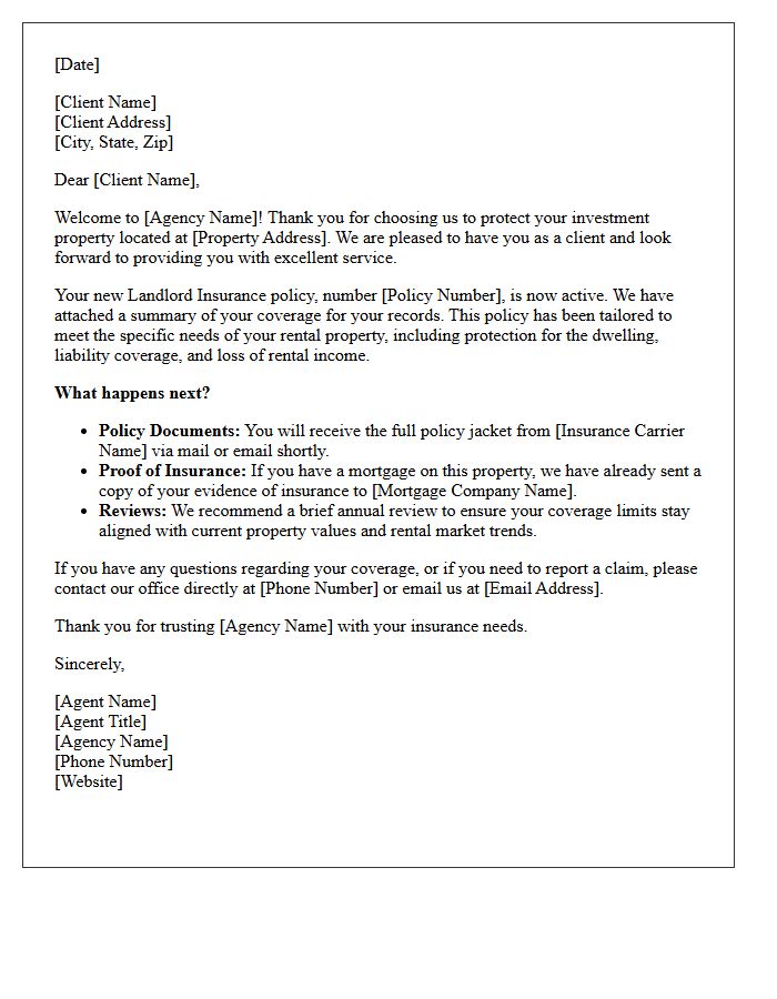 New Landlord Insurance Client Agency Welcome Letter