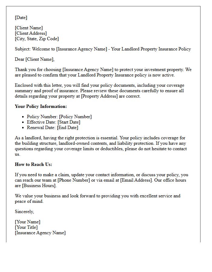 Welcome Letter for New Landlord Property Insurance Clients