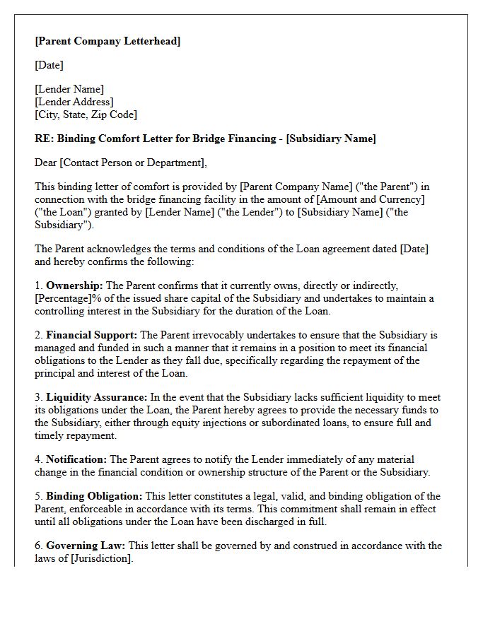 Binding Comfort Letter for Subsidiary Bridge Financing
