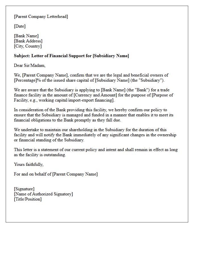 Financial Support Letter for Subsidiary Trade Finance Facility