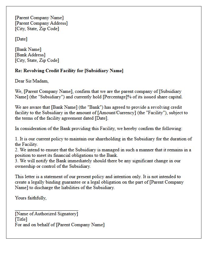 Letter of Comfort for Subsidiary Revolving Credit Line