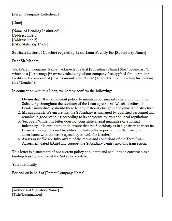 Letter of Comfort for Subsidiary Term Loan Agreement
