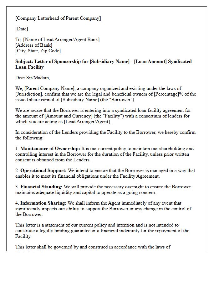 Letter of Sponsorship for Subsidiary Syndicated Loan Facility