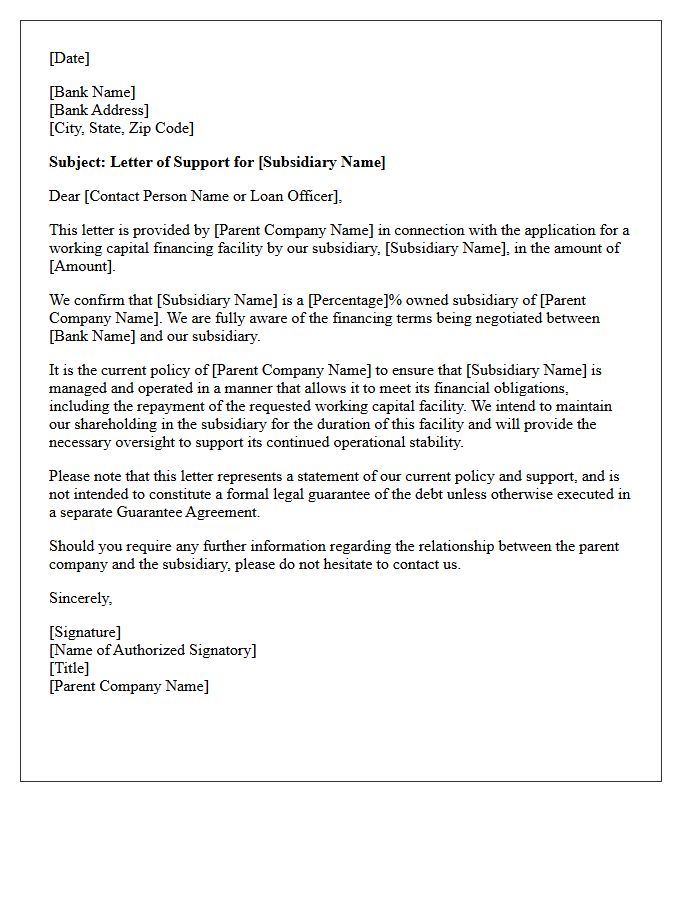 Letter of Support for Subsidiary Working Capital Financing