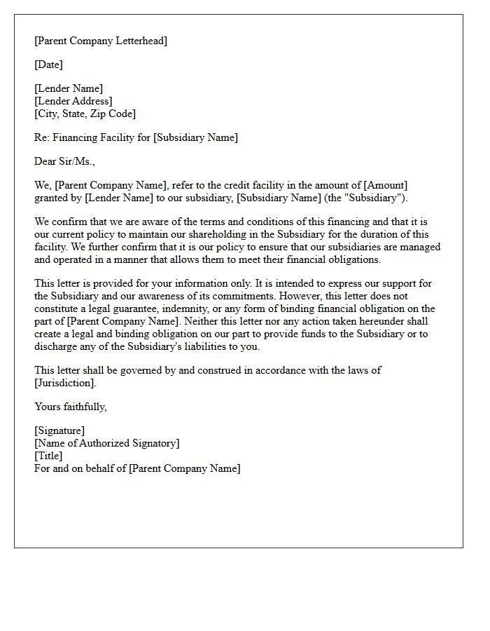 Non-Binding Comfort Letter for Subsidiary Debt Obligation