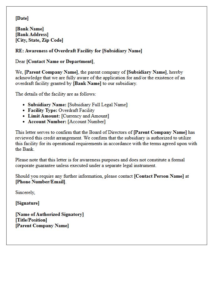 Parent Company Awareness Letter for Subsidiary Overdraft Facility