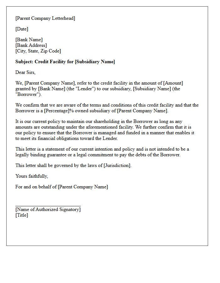 Parent Company Comfort Letter for Subsidiary Credit Facility