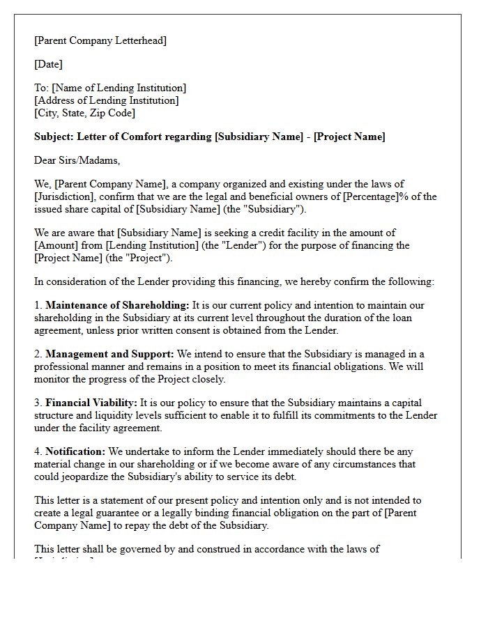Parent Company Comfort Letter for Subsidiary Project Financing