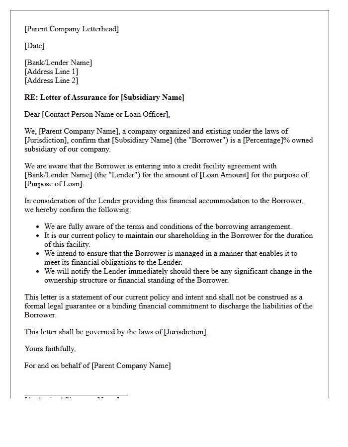 Parent Company Letter of Assurance for Subsidiary Corporate Borrowing
