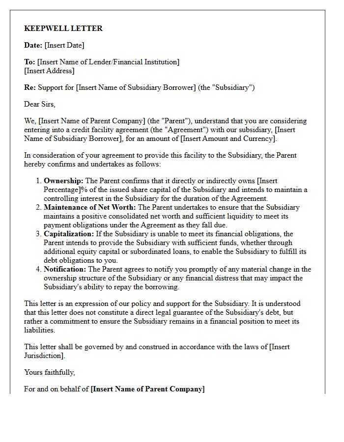 Standard Keepwell Letter for Subsidiary Borrowing