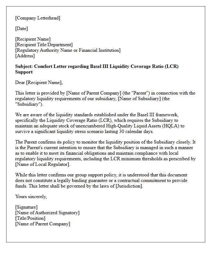 Basel Liquidity Coverage Ratio Comfort Letter