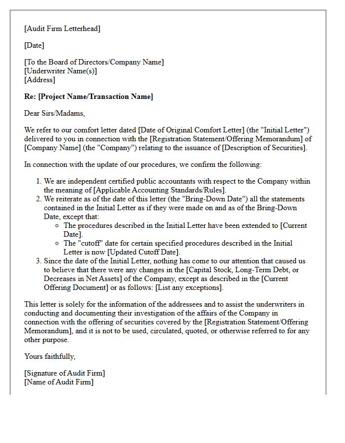 Bring-Down Auditor Comfort Letter