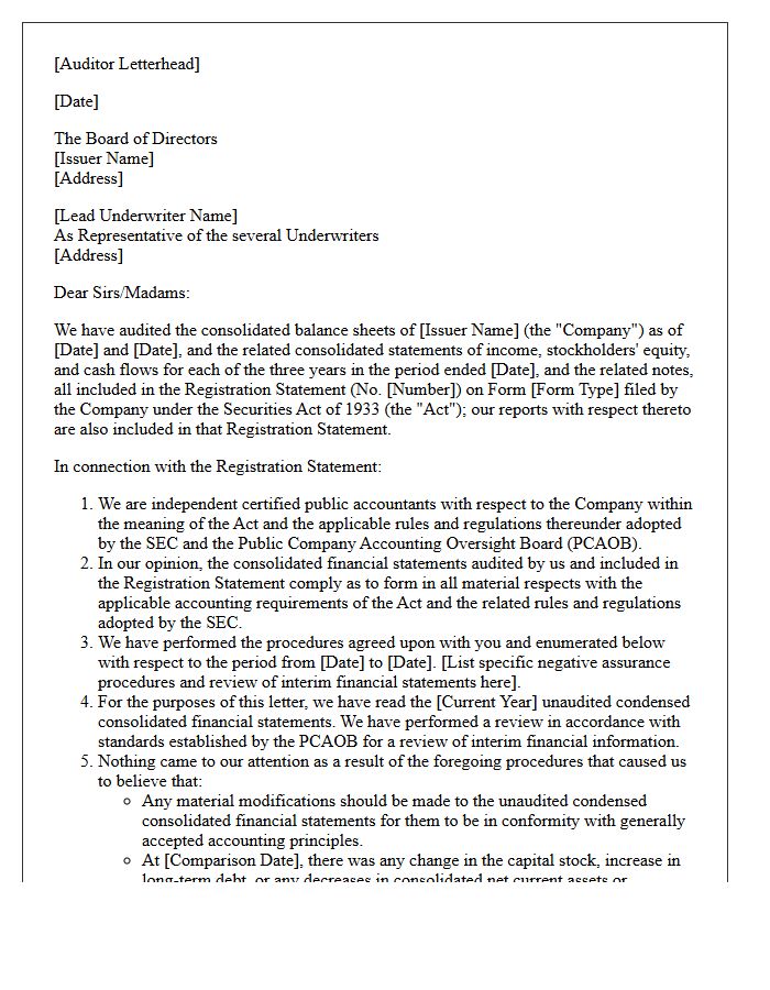Initial Public Offering Auditor Comfort Letter