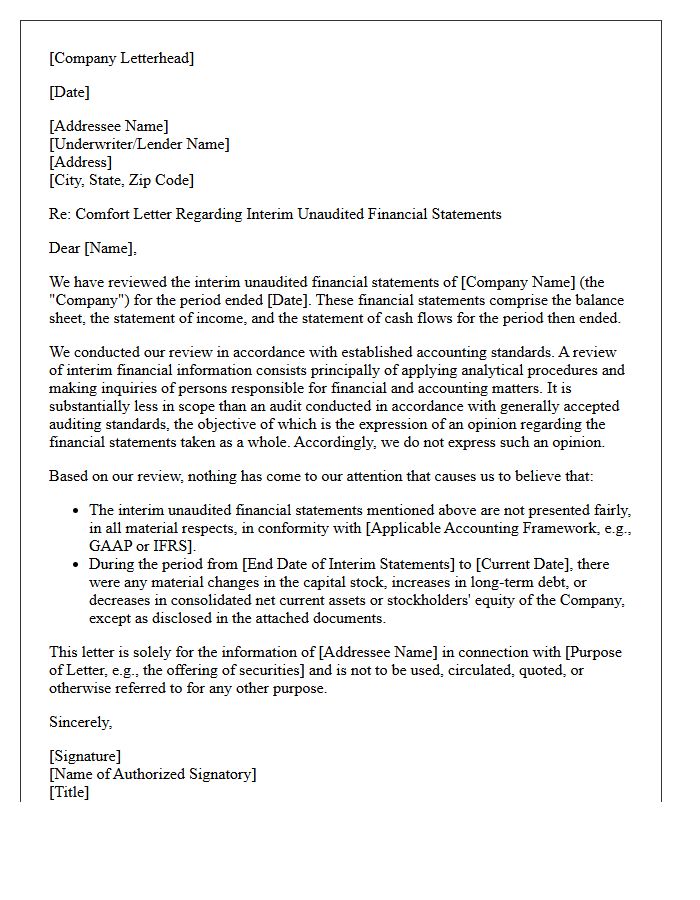 Interim Unaudited Financial Statement Comfort Letter