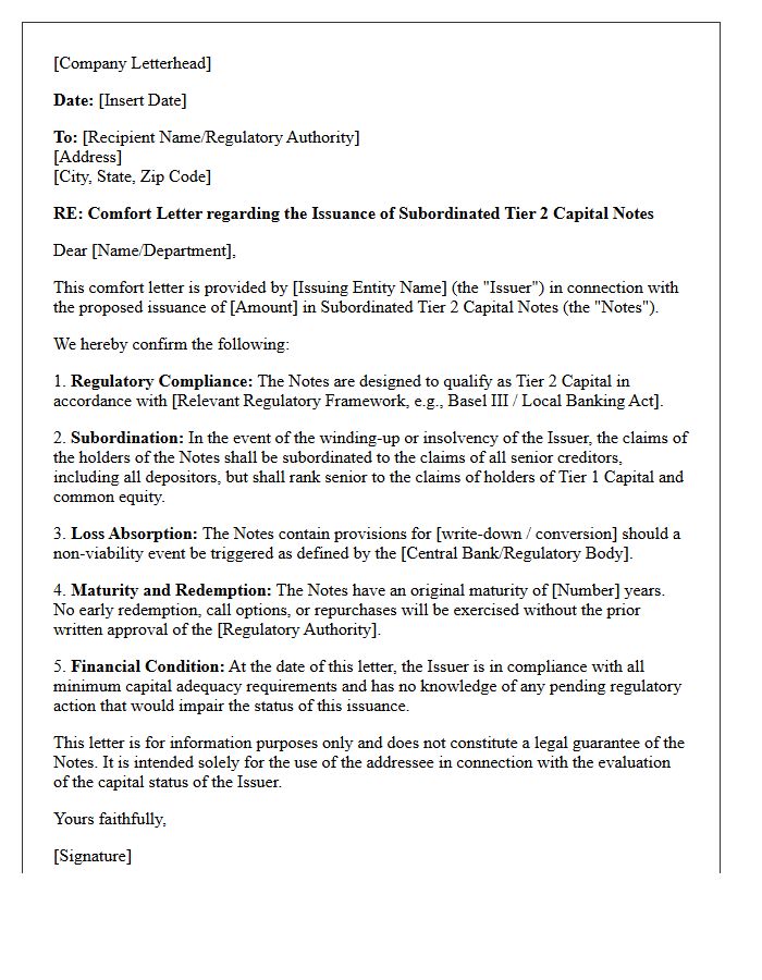 Subordinated Tier Two Capital Issuance Comfort Letter