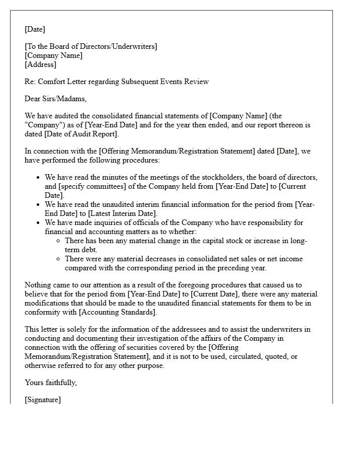 Subsequent Events Review Comfort Letter