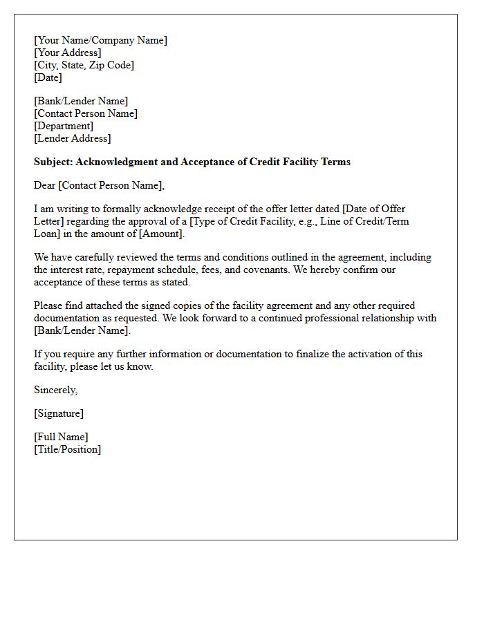 Letter of Acknowledgment for Credit Facility Terms