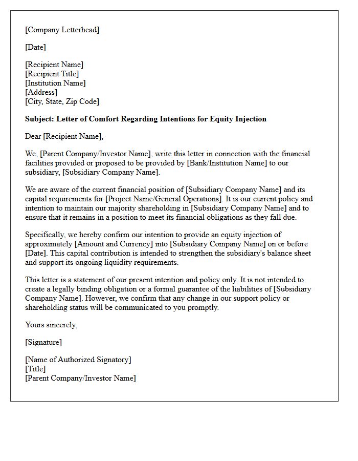 Letter of Comfort Regarding Equity Injection Intentions