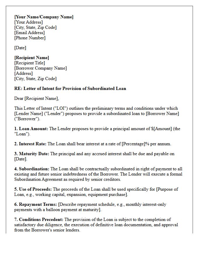 Letter of Intent for Subordinated Loan Provision