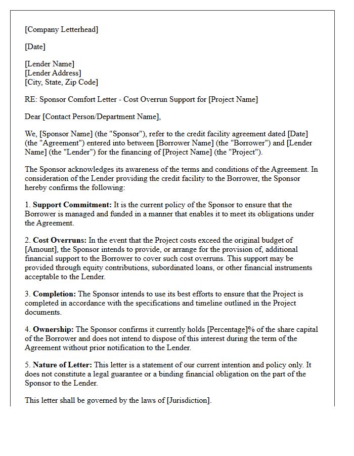 Sponsor Comfort Letter for Cost Overrun Support