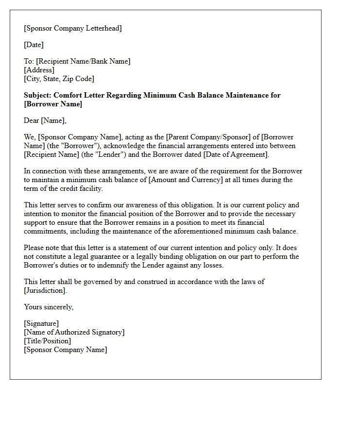 Sponsor Comfort Letter for Minimum Cash Balance Maintenance