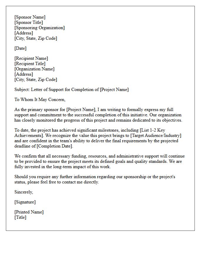 Sponsor Support Letter for Project Completion