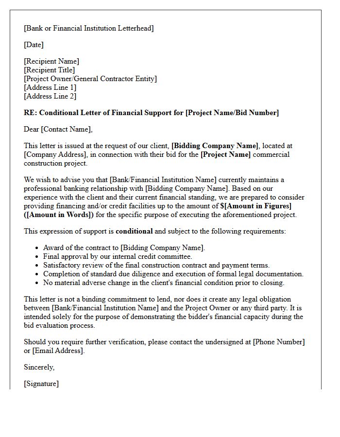 Conditional Financial Support Letter for Commercial Construction Bids
