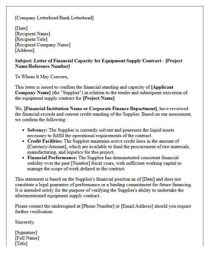 Corporate Financial Capacity Letter for Equipment Supply Contracts