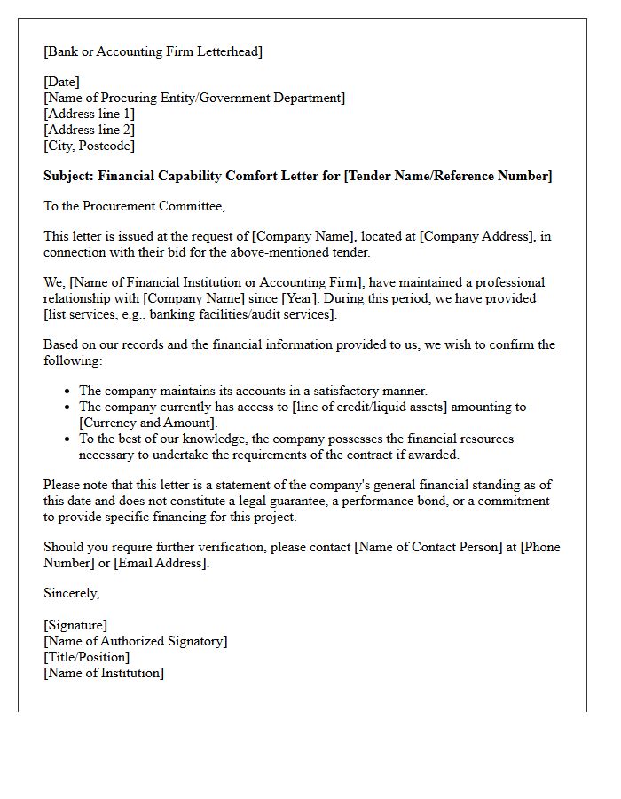 Financial Capability Comfort Letter for Government Procurement Tenders
