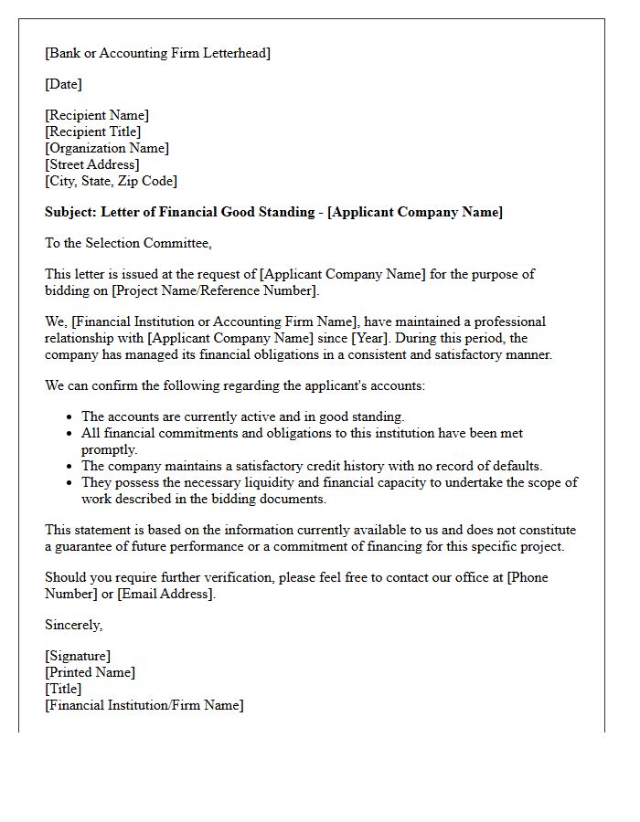 Financial Good Standing Letter for Vendor Selection Bidding