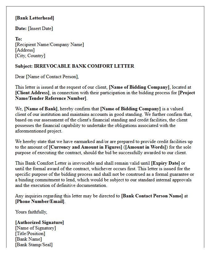 Irrevocable Bank Comfort Letter for Private Sector Bidding Processes