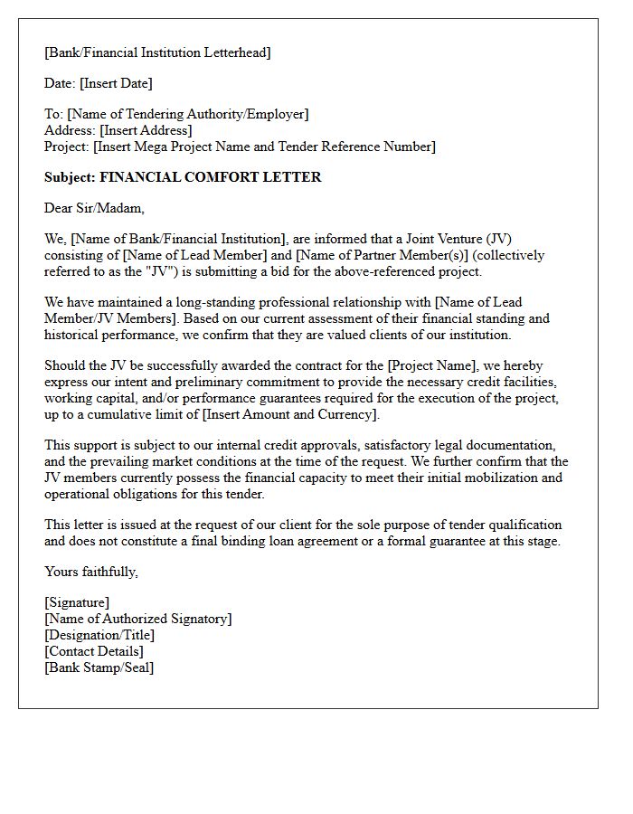 Joint Venture Financial Comfort Letter for Mega Project Tenders