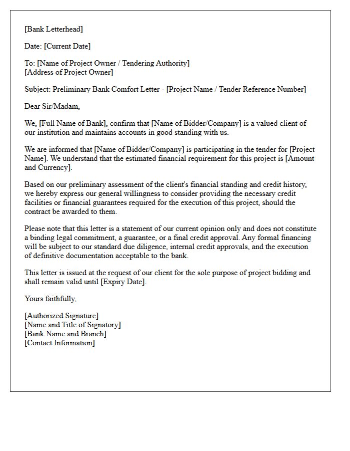 Preliminary Bank Comfort Letter for International Project Bidding
