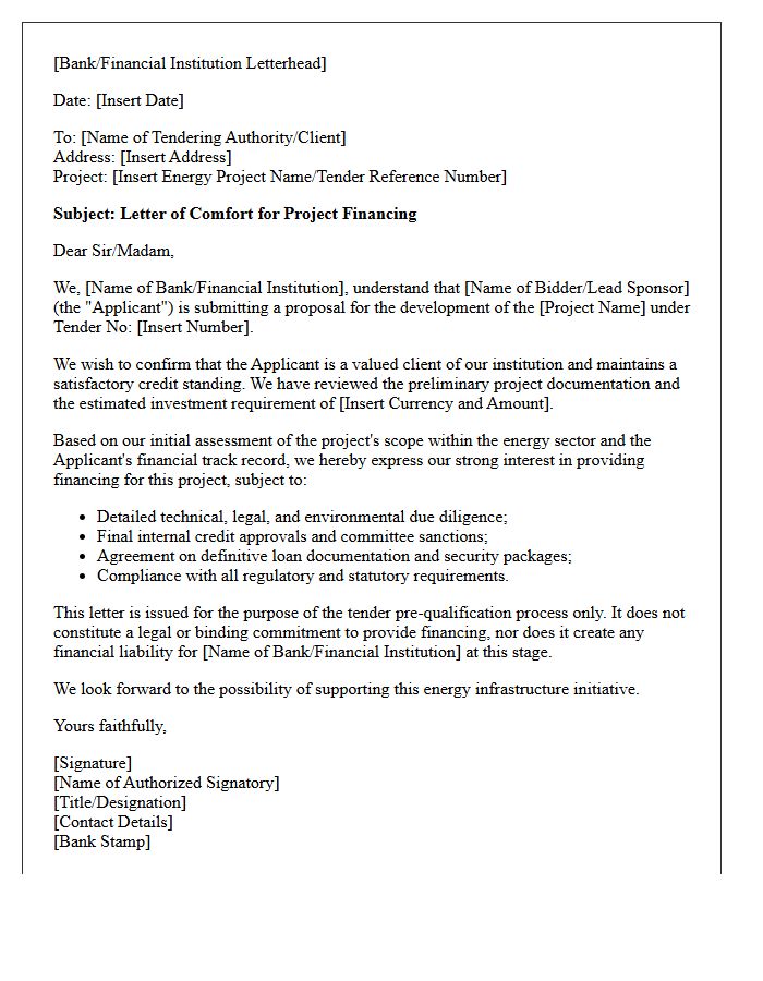 Project Finance Comfort Letter for Energy Sector Tenders