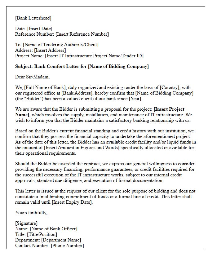 Specialized Bank Comfort Letter for IT Infrastructure Bidding