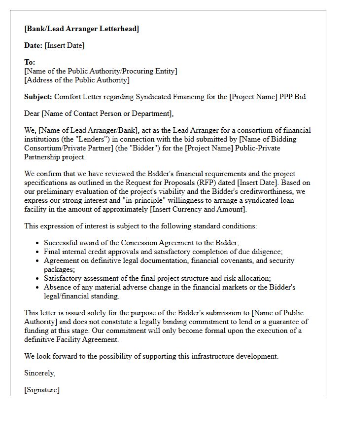 Syndicated Loan Comfort Letter for Public-Private Partnership Bids