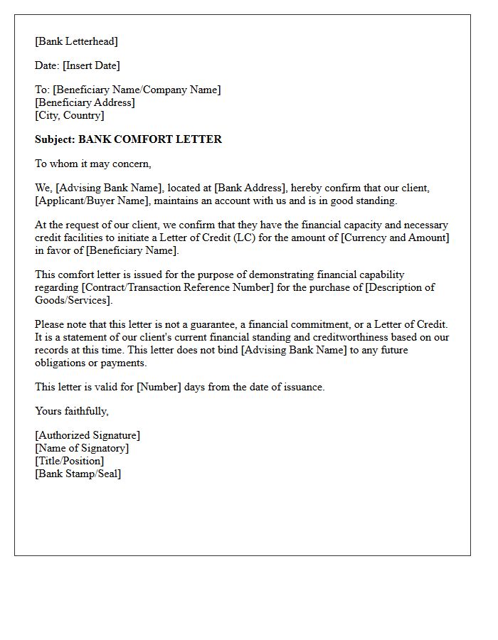 Advising Bank Comfort Letter for Letters of Credit