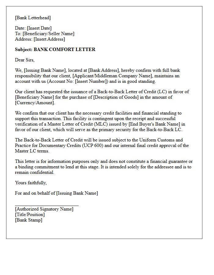 Back-to-Back Letter of Credit Bank Comfort Letter