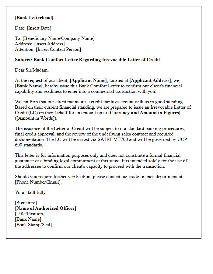 Confirming Bank Comfort Letter for Letters of Credit