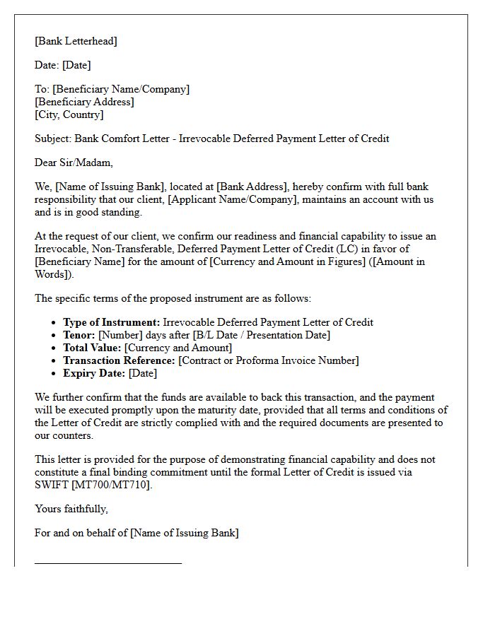 Deferred Payment Letter of Credit Bank Comfort Letter