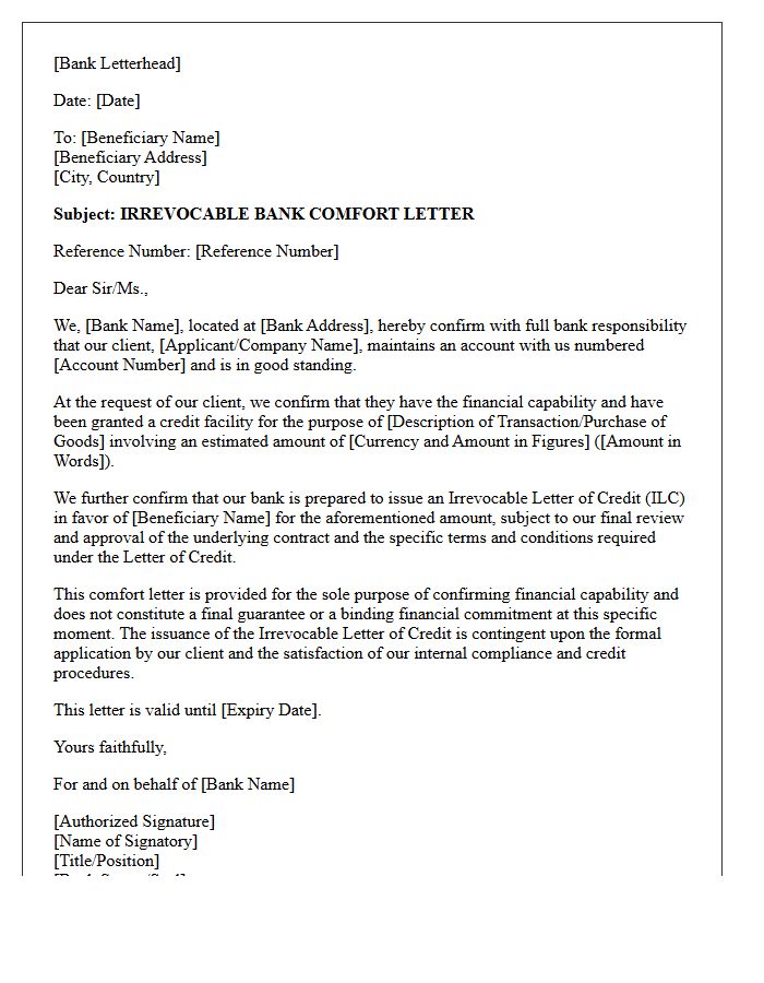 Irrevocable Letter of Credit Bank Comfort Letter