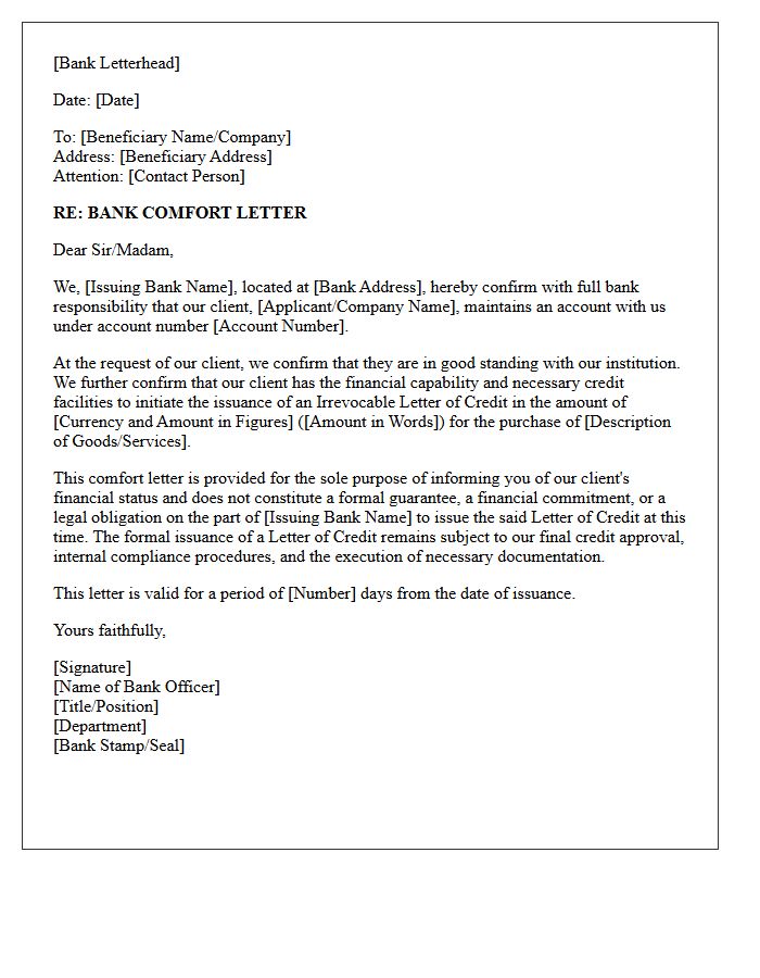 Issuing Bank Comfort Letter for Letters of Credit
