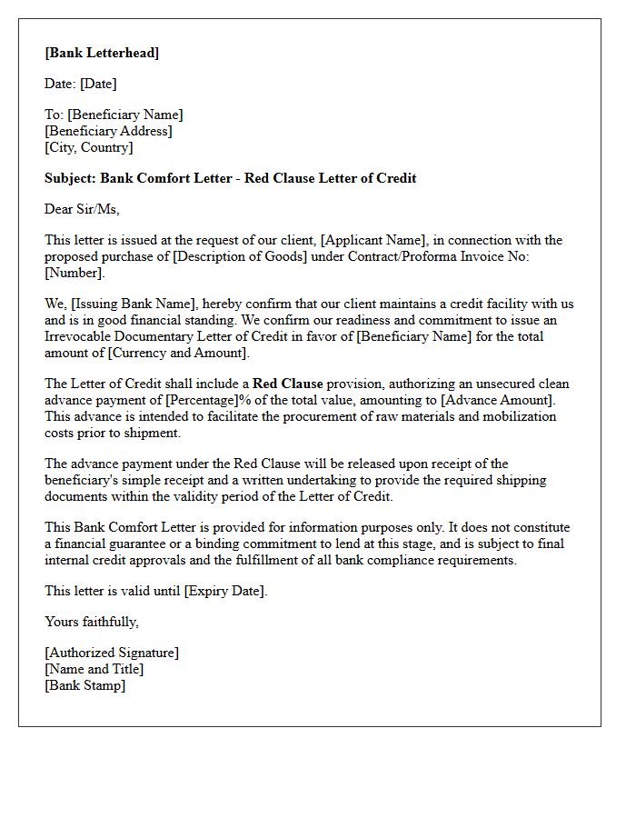 Red Clause Letter of Credit Bank Comfort Letter
